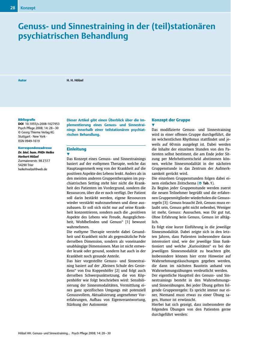 Vorschauseite 1: Genussund Sinnestraining in der (teil)stationären psychiatrischen Behandlung