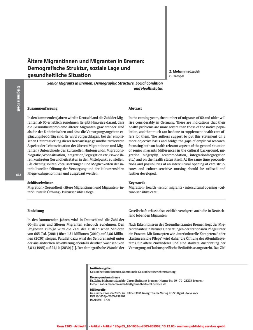 Vorschauseite 1: Ältere Migrantinnen und Migranten in Bremen: Demografische Struktur, soziale Lage und gesundheitliche Situation