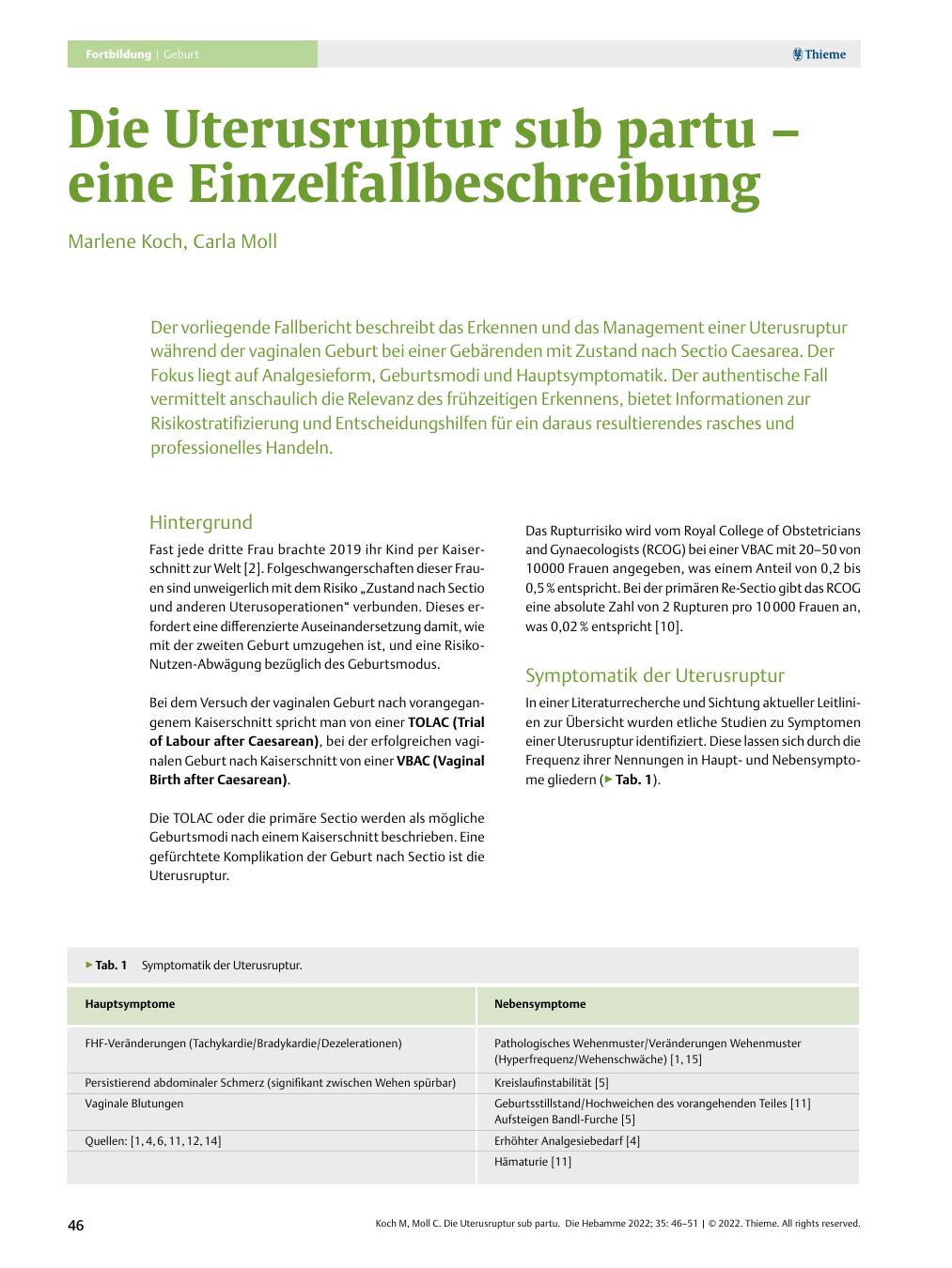 Vorschauseite 1: Die Uterusruptur sub partu – eine Einzelfallbeschreibung