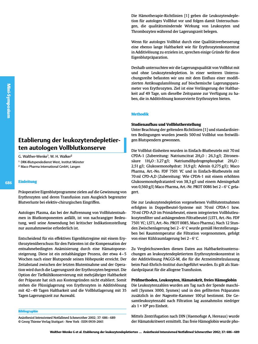Vorschauseite 1: Etablierung der leukozytendepletierten autologen Vollblutkonserve
