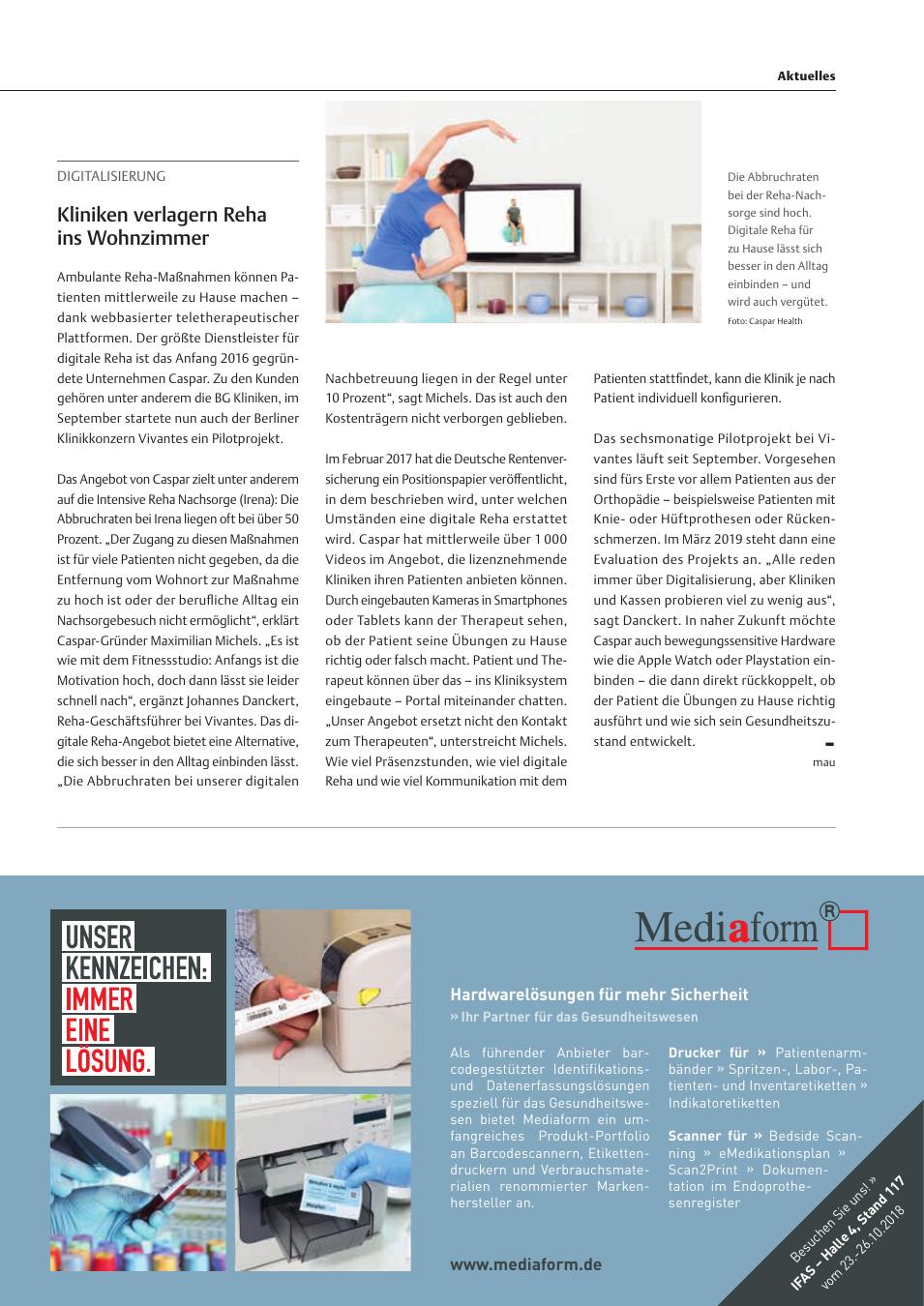 Vorschauseite 1: Digitalisierung: Kliniken verlagern Reha ins Wohnzimmer
