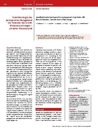 Vorschauseite 1: Anästhesiologisches perioperatives Management bei Patienten mit Schilddrüsenerkrankungen – aktueller Wissensstand
