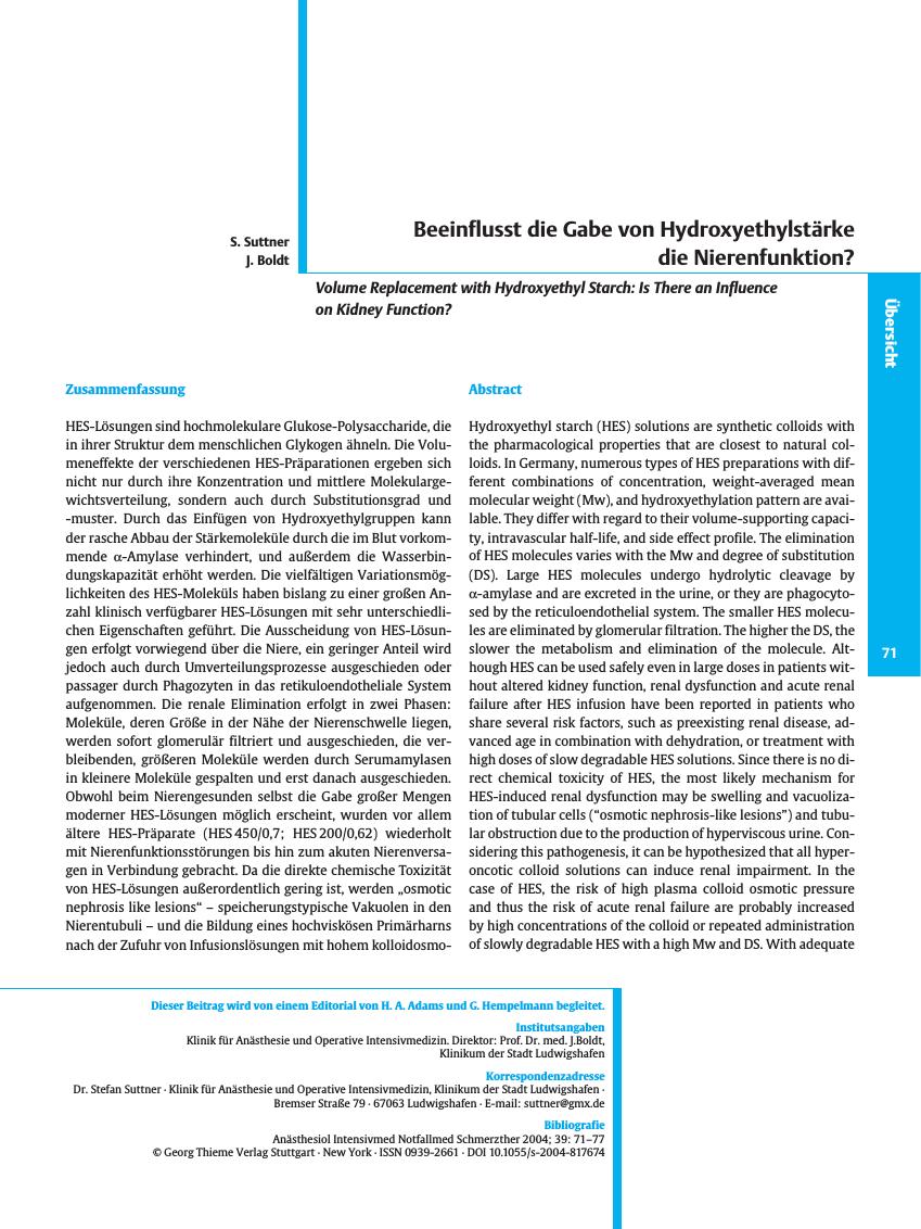 Vorschauseite 1: Beeinflusst die Gabe von Hydroxyethylstärke die Nierenfunktion?