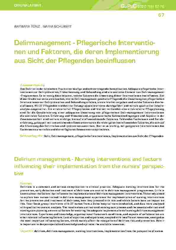 Vorschauseite 1: Delirmanagement - Pflegerische Interventionen und Faktoren, die deren Implementierung aus Sicht der Pflegenden beeinflussen