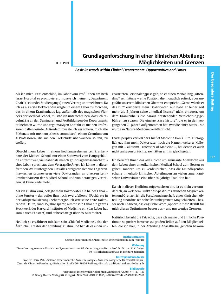 Vorschauseite 1: Grundlagenforschung in einer klinischen Abteilung: Möglichkeiten und Grenzen