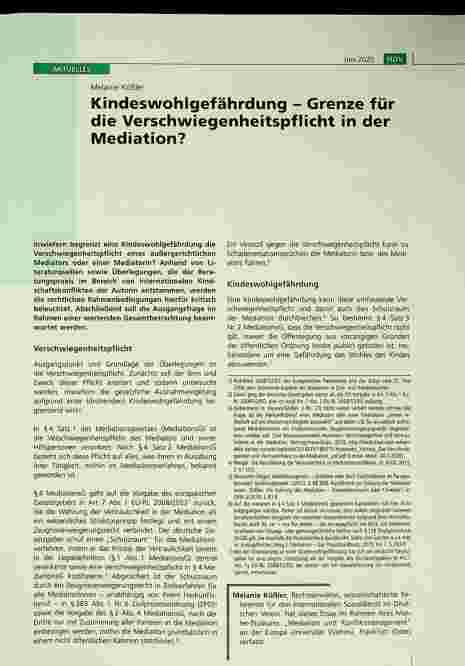 Vorschauseite 1: Kindeswohlgefährdung - Grenze für die Verschwiegenheitspflicht in der Mediation?