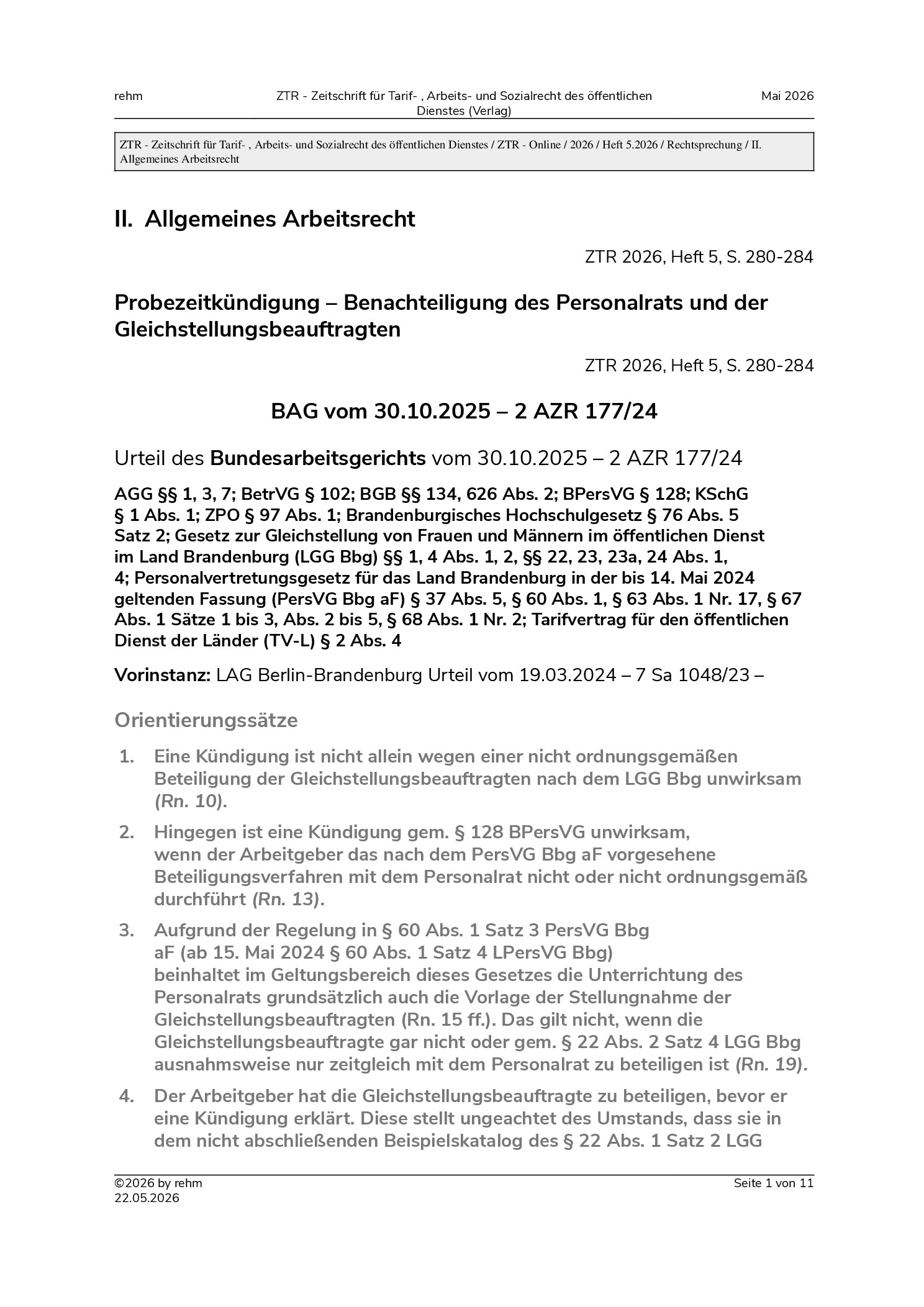 Vorschauseite 1: Probezeitkündigung – Benachteiligung des Personalrats und der Gleichstellungsbeauftragten