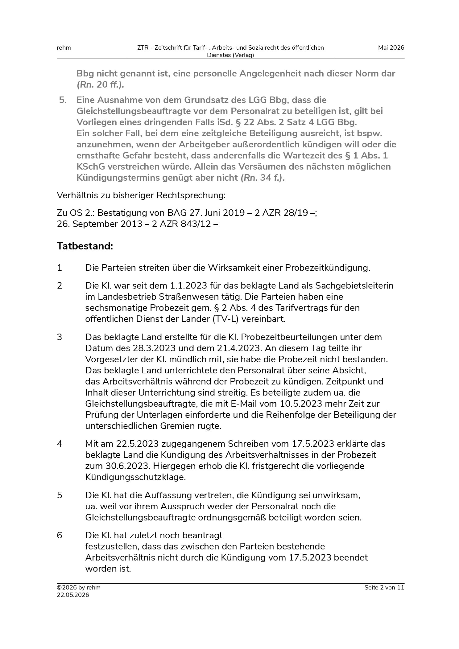 Vorschauseite 2: Probezeitkündigung – Benachteiligung des Personalrats und der Gleichstellungsbeauftragten