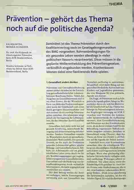 Vorschauseite 1: Prävention - gehört das Thema noch auf die politische Agenda?
