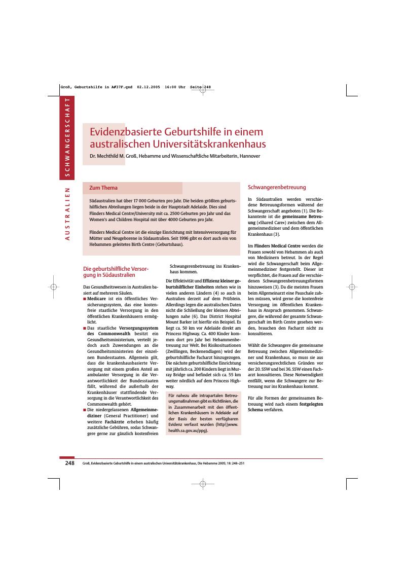 Vorschauseite 1: Evidenzbasierte Geburtshilfe in einem australischen Universitätskrankenhaus