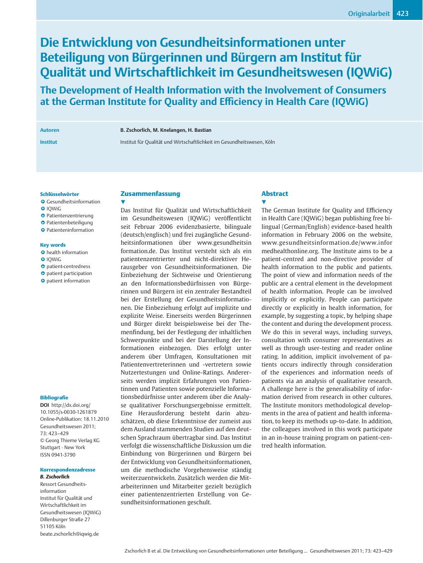 Vorschauseite 1: Die Entwicklung von Gesundheitsinformationen unter Beteiligung von Bürgerinnen und Bürgern am Institut für Qualität und Wirtschaftlichkeit im Gesundheitswesen (IQWiG)