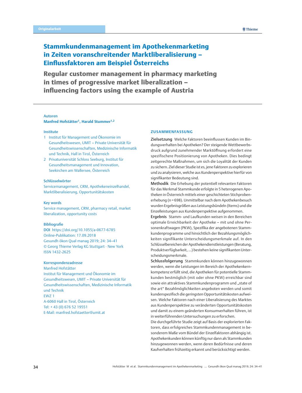 Vorschauseite 1: Stammkundenmanagement im Apothekenmarketing in Zeiten voranschreitender Marktliberalisierung – Einflussfaktoren am Beispiel Österreichs
