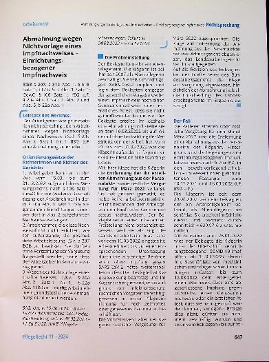 Vorschauseite 1: Abmahnung wegen Nichtvorlage eines Impfnachweises - Einrichtungsbezogener Impfnachweis