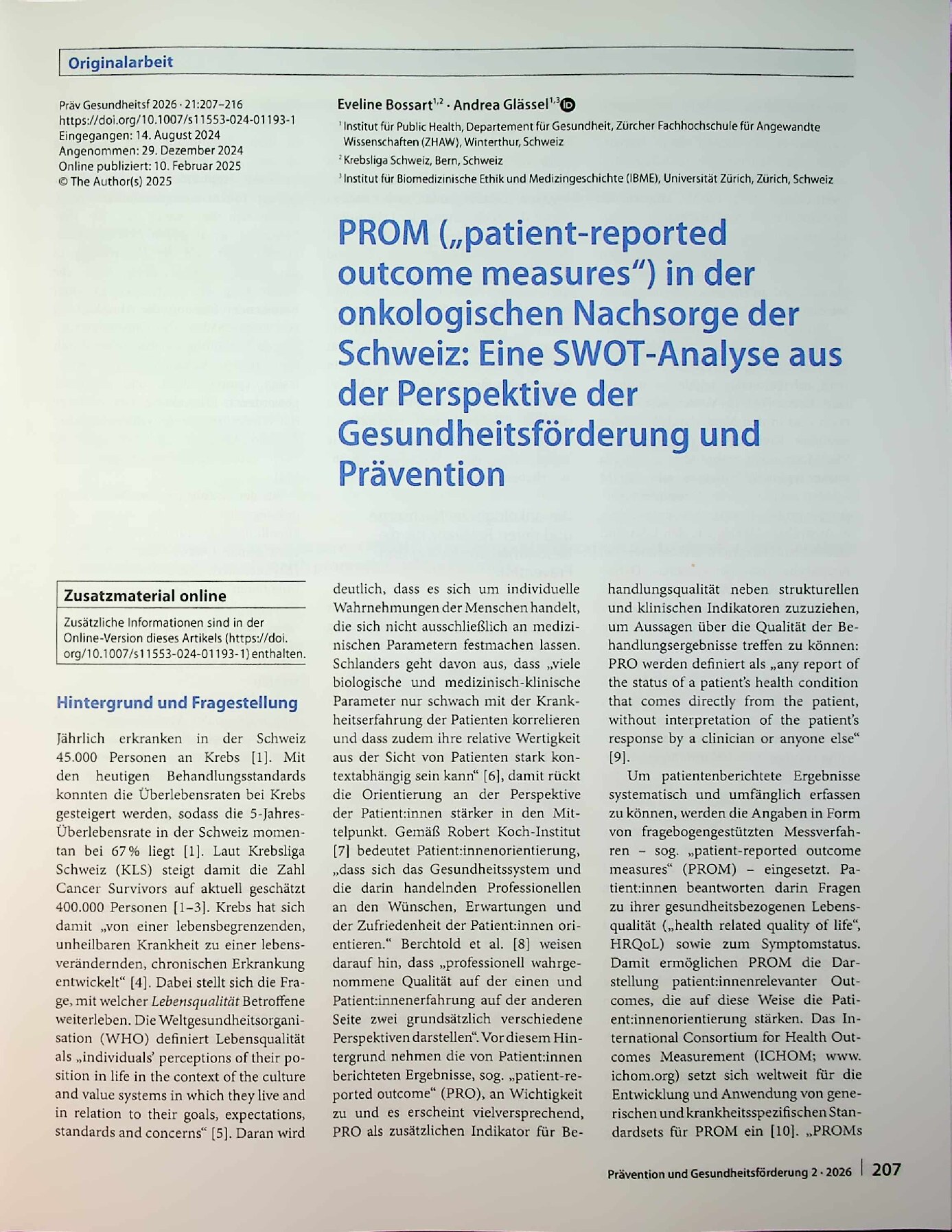 Vorschauseite 1: PROM („patient-reported outcome measures“) in der onkologischen Nachsorge der Schweiz: Eine SWOT-Analyse aus der Perspektive der Gesundheitsförderung und Prävention
