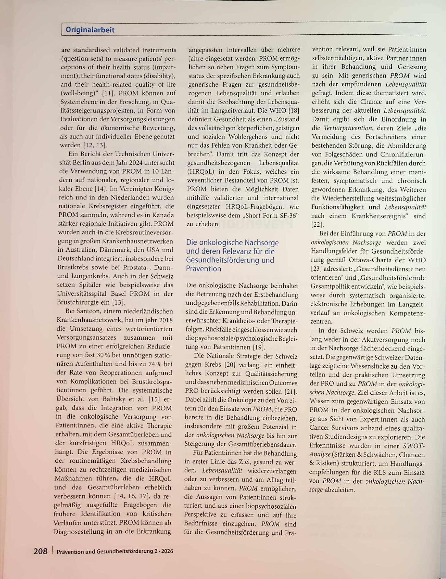 Vorschauseite 2: PROM („patient-reported outcome measures“) in der onkologischen Nachsorge der Schweiz: Eine SWOT-Analyse aus der Perspektive der Gesundheitsförderung und Prävention