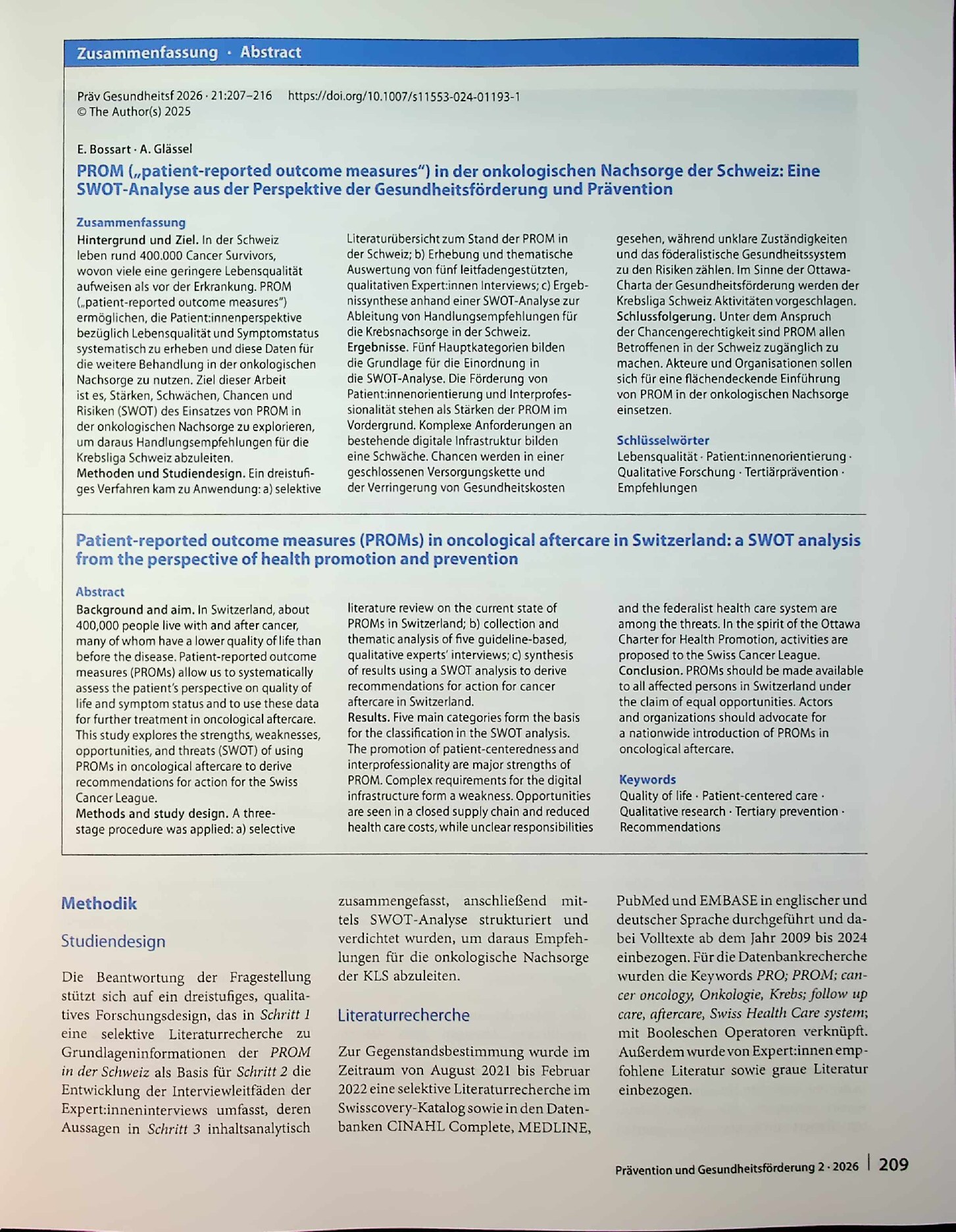 Vorschauseite 3: PROM („patient-reported outcome measures“) in der onkologischen Nachsorge der Schweiz: Eine SWOT-Analyse aus der Perspektive der Gesundheitsförderung und Prävention