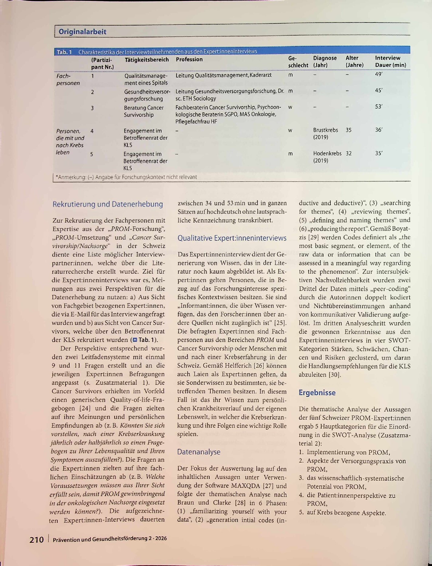 Vorschauseite 4: PROM („patient-reported outcome measures“) in der onkologischen Nachsorge der Schweiz: Eine SWOT-Analyse aus der Perspektive der Gesundheitsförderung und Prävention