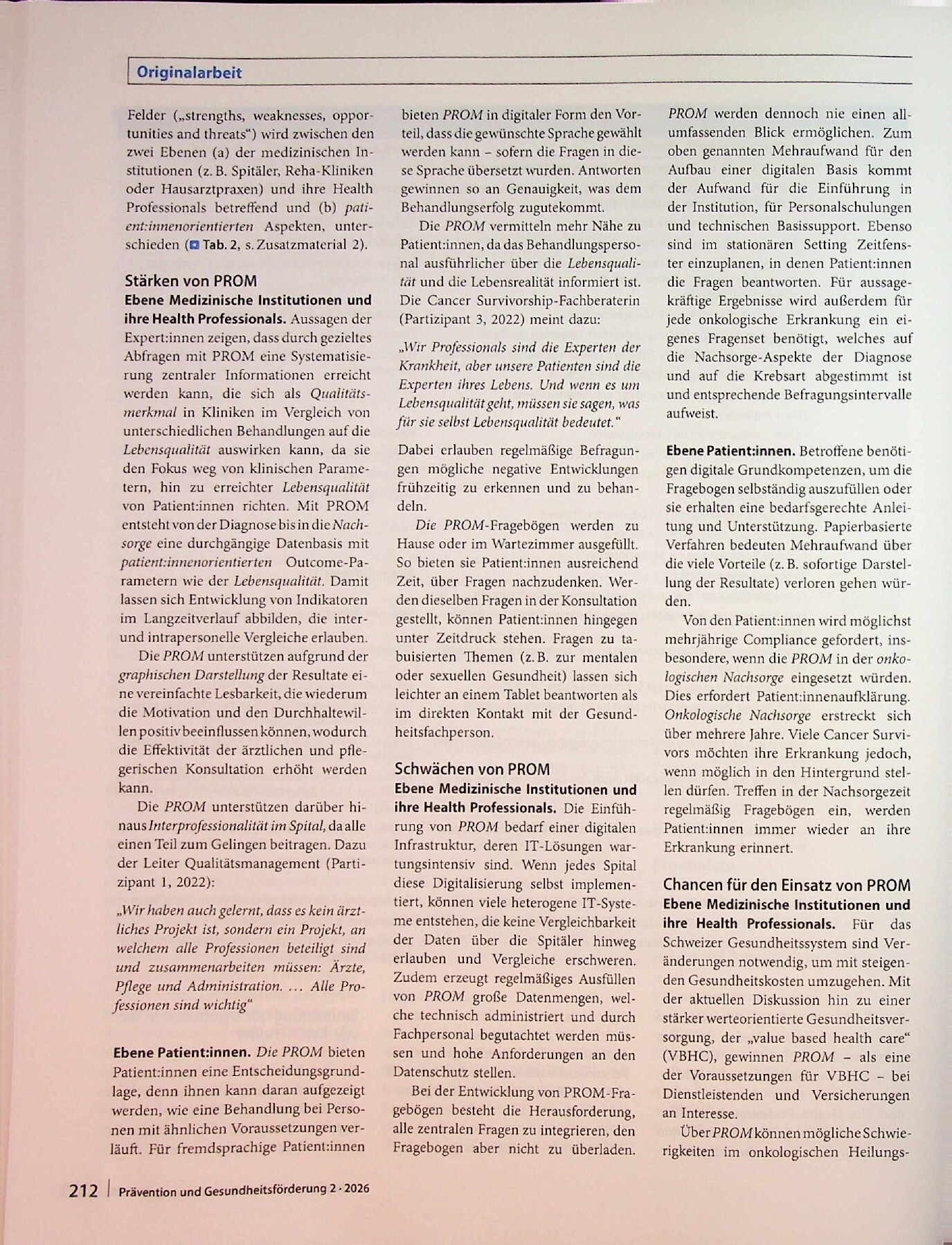 Vorschauseite 6: PROM („patient-reported outcome measures“) in der onkologischen Nachsorge der Schweiz: Eine SWOT-Analyse aus der Perspektive der Gesundheitsförderung und Prävention