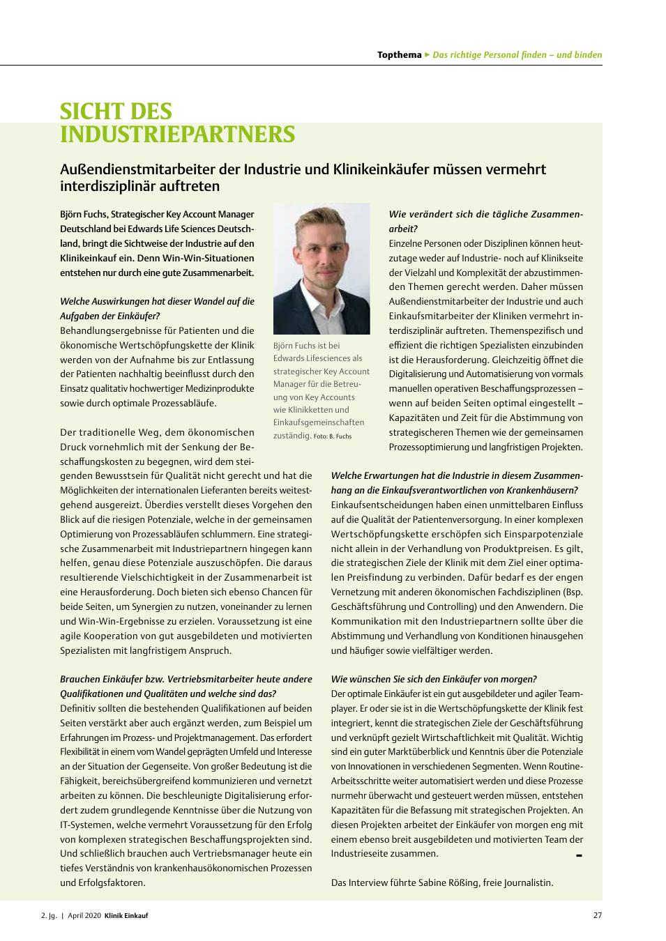 Vorschauseite 1: Sicht des Industriepartners: Außendienstmitarbeiter der Industrie und Klinikeinkäufer müssen vermehrt interdisziplinär auftreten.