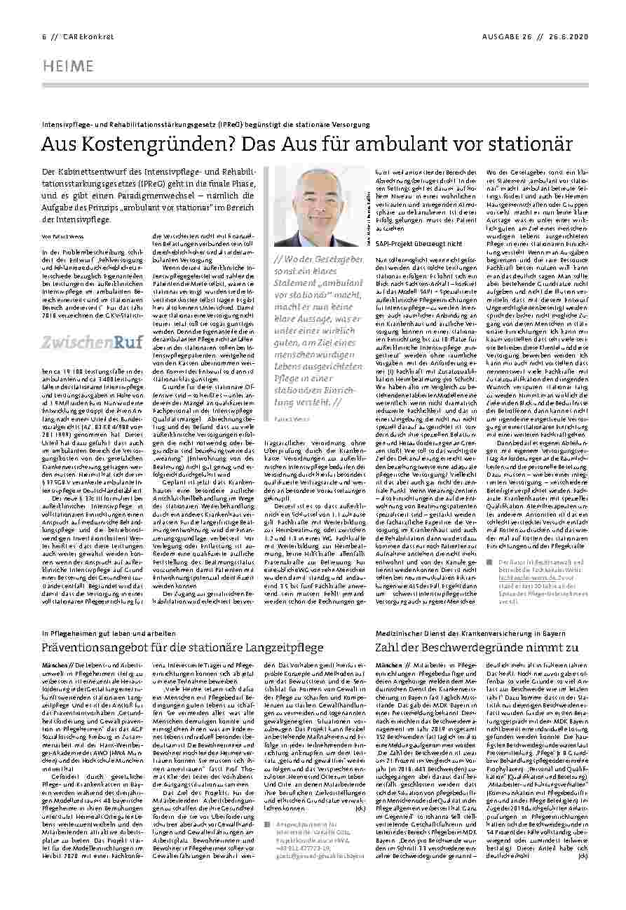 Vorschauseite 1: Intensivpflegeund Rehabilitationsstärkungsgesetz (IPReG) begünstigt die stationäre Versorgung aus Kostengründen. Das Aus für ambulant vor stationär.