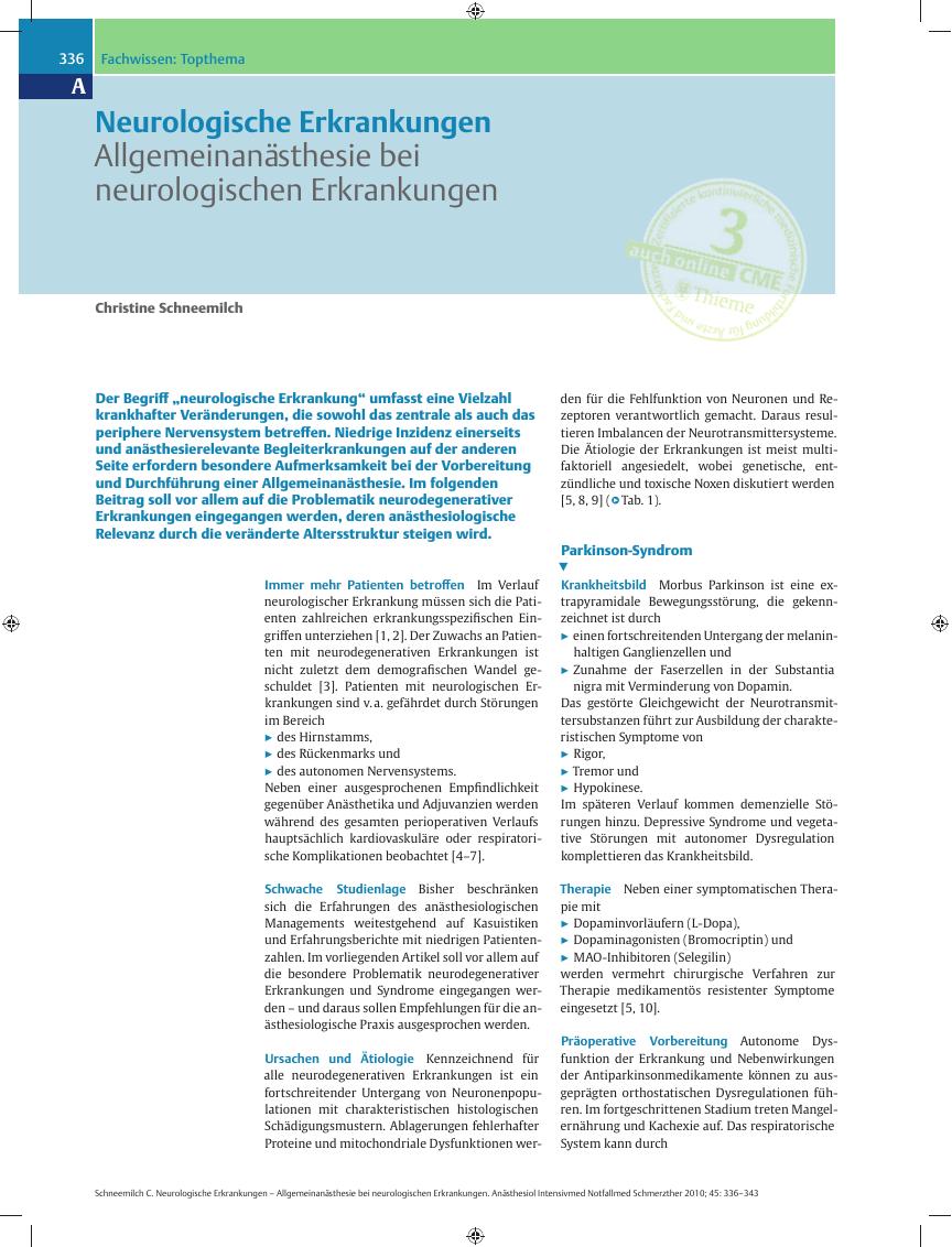 Vorschauseite 1: Neurologische Erkrankungen – Allgemeinanästhesie bei neurologischen Erkrankungen