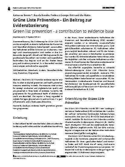 Vorschauseite 1: Grüne Liste Prävention - Ein Beitrag zur Evidenzbasierung