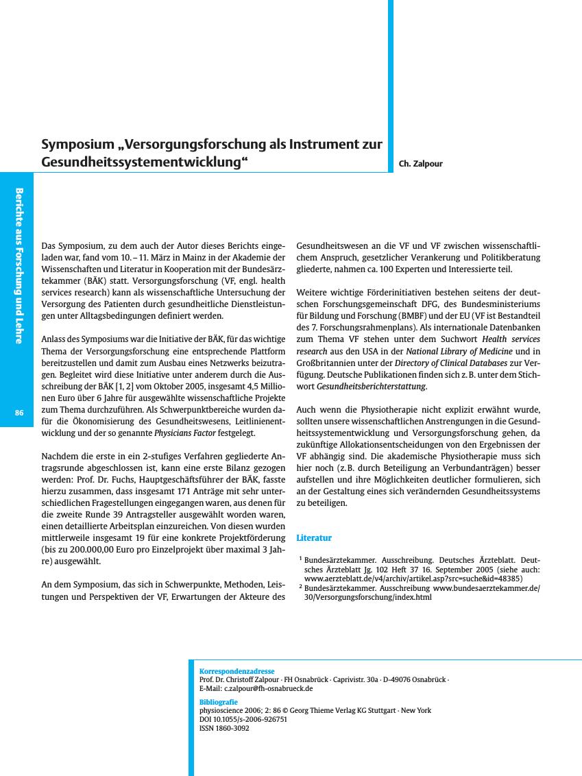 Vorschauseite 1: Symposium ?Versorgungsforschung als Instrument zur Gesundheitssystementwicklung?