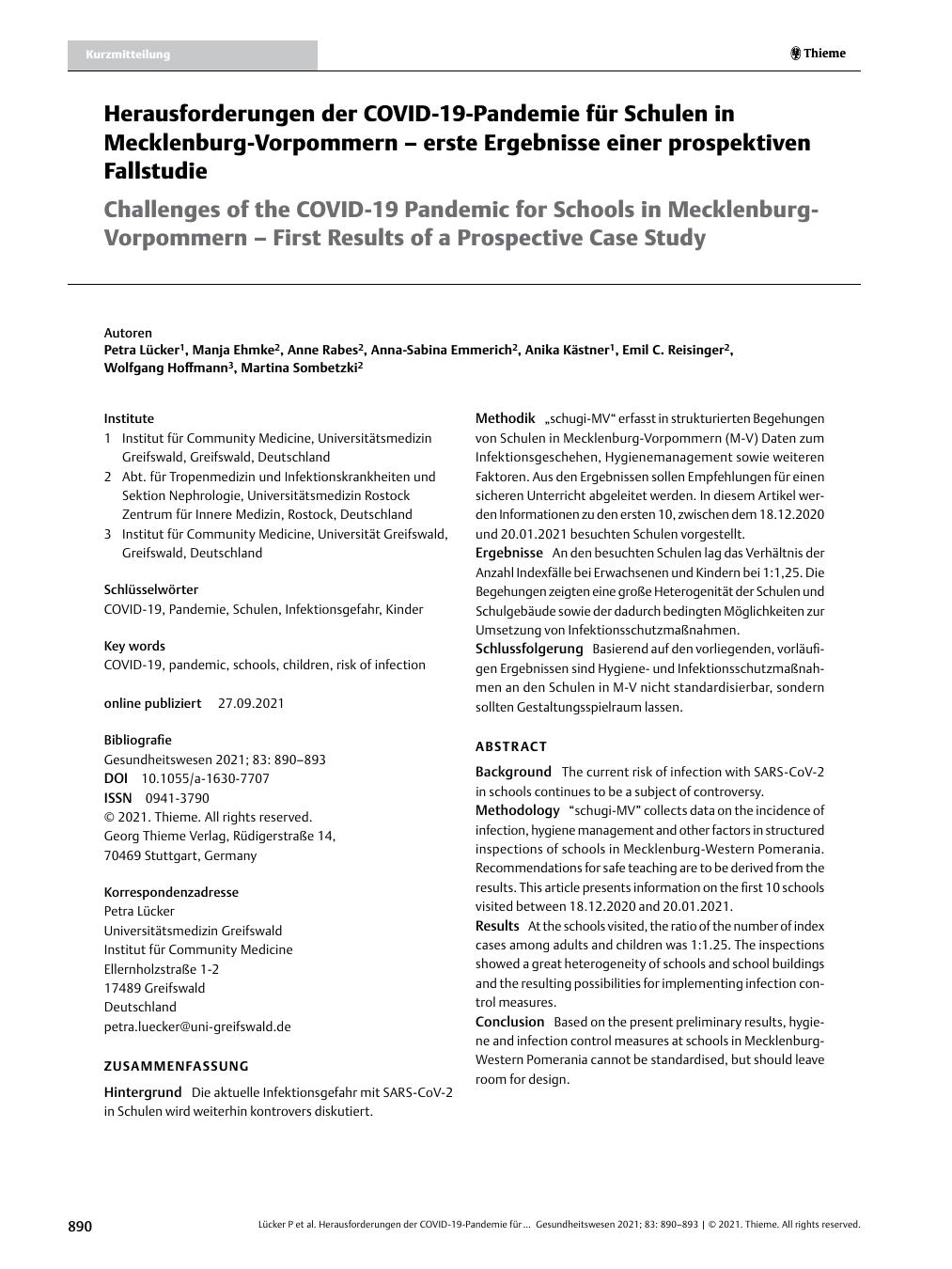 Vorschauseite 1: Herausforderungen der COVID-19-Pandemie für Schulen in Mecklenburg-Vorpommern – erste Ergebnisse einer prospektiven Fallstudie