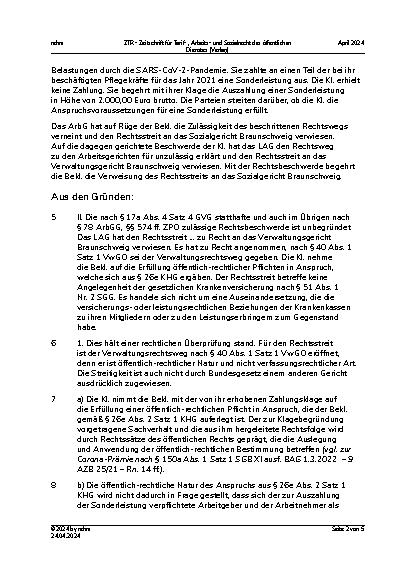 Vorschauseite 2: Rechtsweg – Corona-Sonderleistung für Pflegefachkräfte in Krankenhäusern