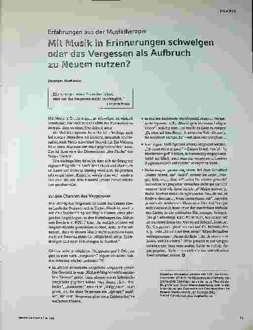 Vorschauseite 2: Erfahrungen aus der Musiktherapie: Mit Musik in Erinnerungen schwelgen oder das Vergessen als Aufbruch zu Neuem nutzen?