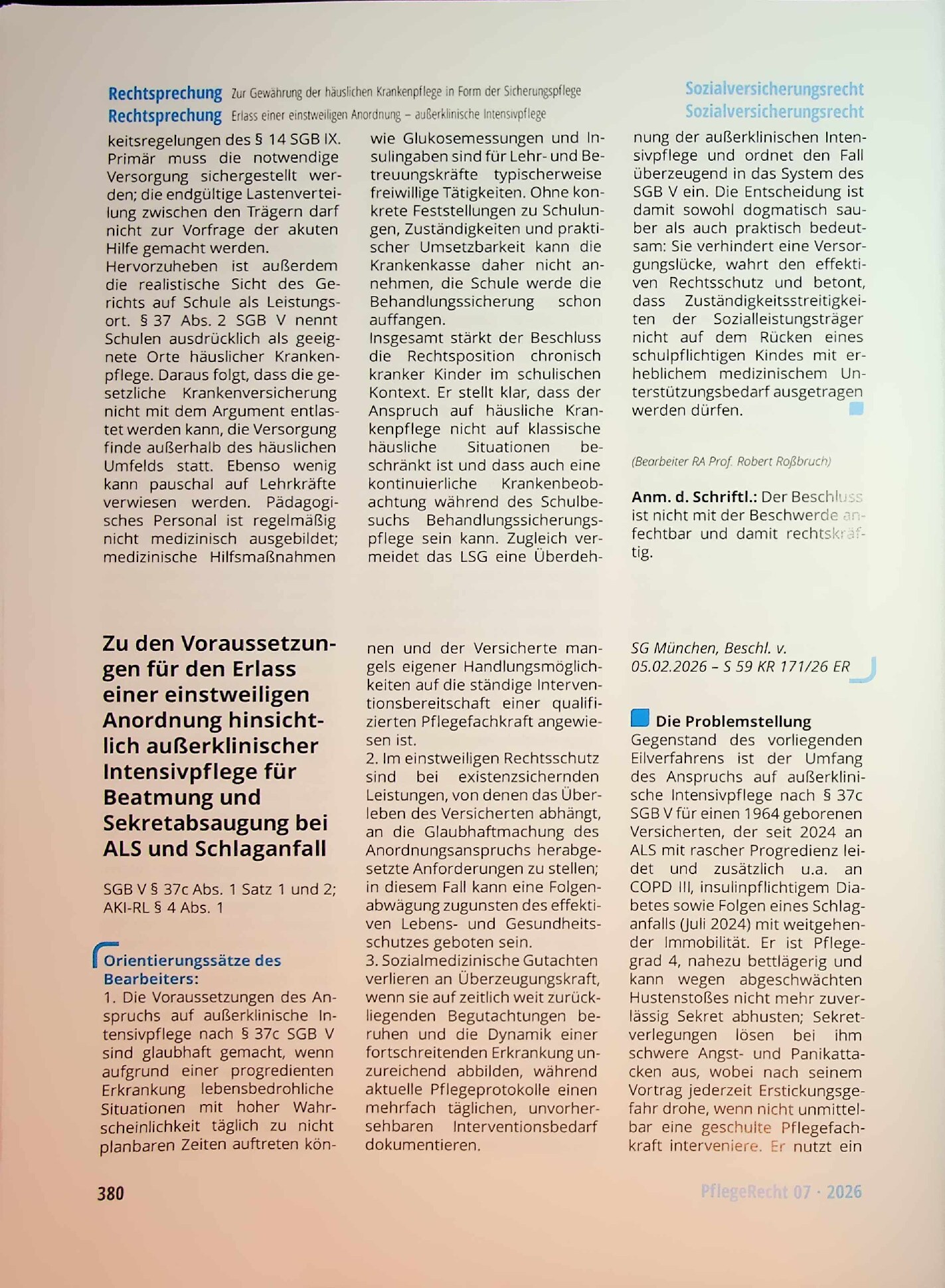 Vorschauseite 1: Zu den Voraussetzungen für den Erlass einer einstweiligen Anordnung hinsichtlich außerklinischer Intensivpflege für Beatmung und Sekretabsaugung bei ALS und Schlaganfall