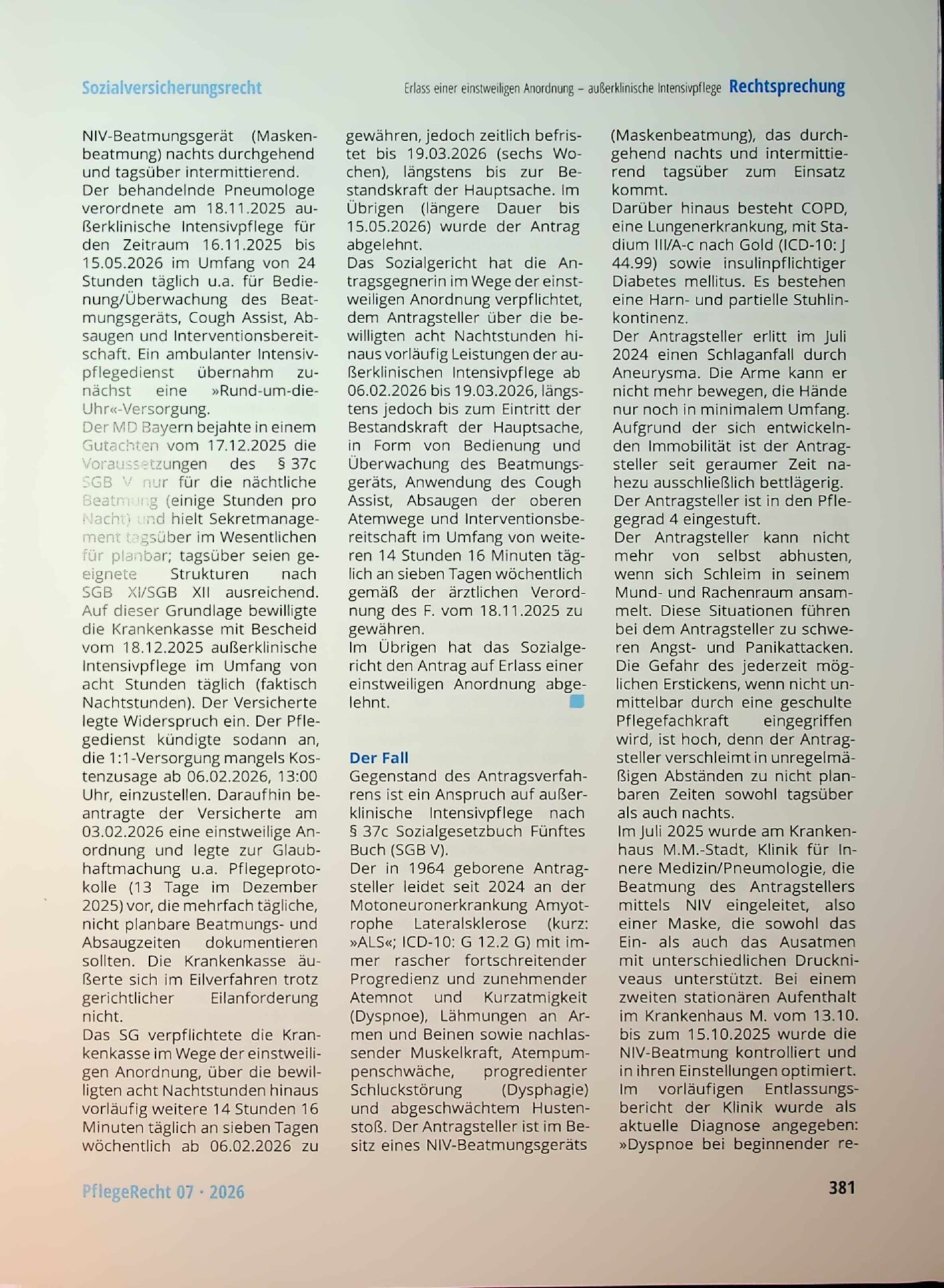 Vorschauseite 2: Zu den Voraussetzungen für den Erlass einer einstweiligen Anordnung hinsichtlich außerklinischer Intensivpflege für Beatmung und Sekretabsaugung bei ALS und Schlaganfall
