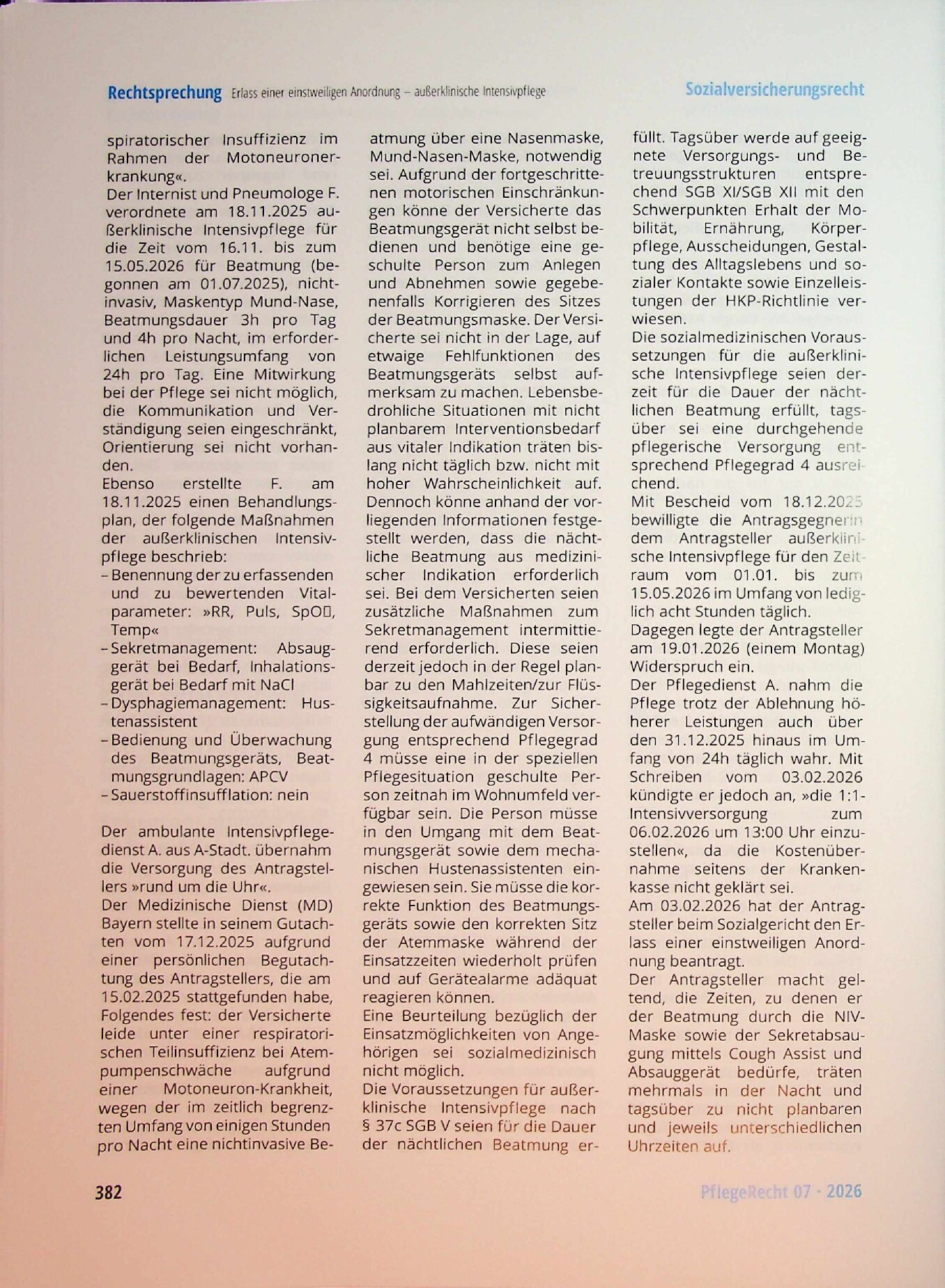 Vorschauseite 3: Zu den Voraussetzungen für den Erlass einer einstweiligen Anordnung hinsichtlich außerklinischer Intensivpflege für Beatmung und Sekretabsaugung bei ALS und Schlaganfall