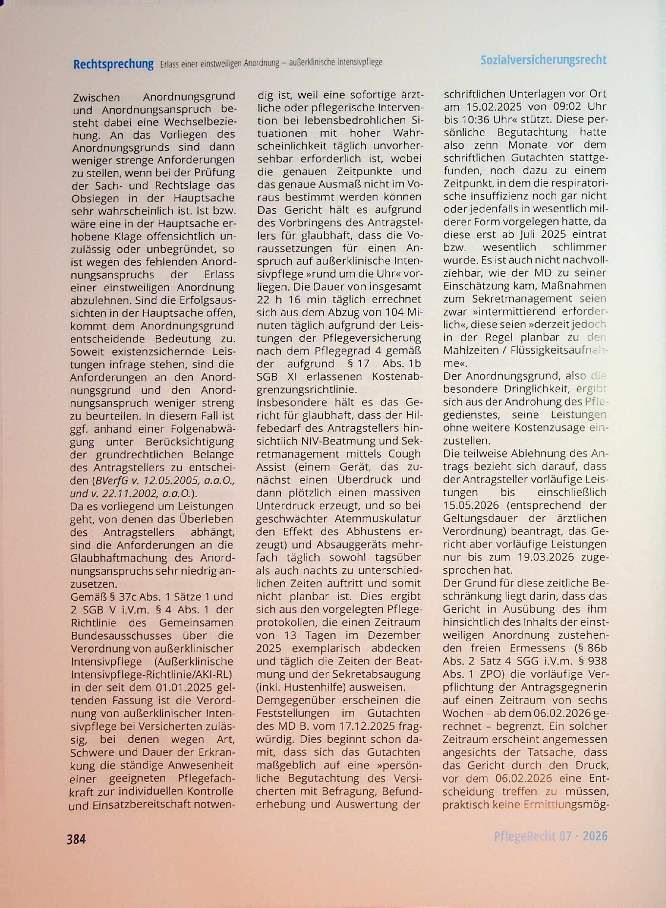 Vorschauseite 5: Zu den Voraussetzungen für den Erlass einer einstweiligen Anordnung hinsichtlich außerklinischer Intensivpflege für Beatmung und Sekretabsaugung bei ALS und Schlaganfall