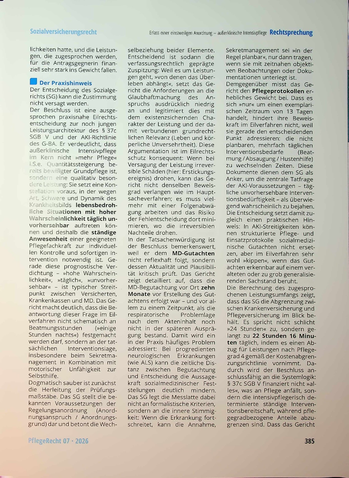 Vorschauseite 6: Zu den Voraussetzungen für den Erlass einer einstweiligen Anordnung hinsichtlich außerklinischer Intensivpflege für Beatmung und Sekretabsaugung bei ALS und Schlaganfall