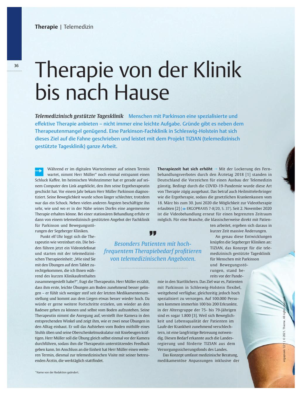 Vorschauseite 1: Therapie von der Klinik bis nach Hause - Telemedizinisch gestützte Tagesklinik