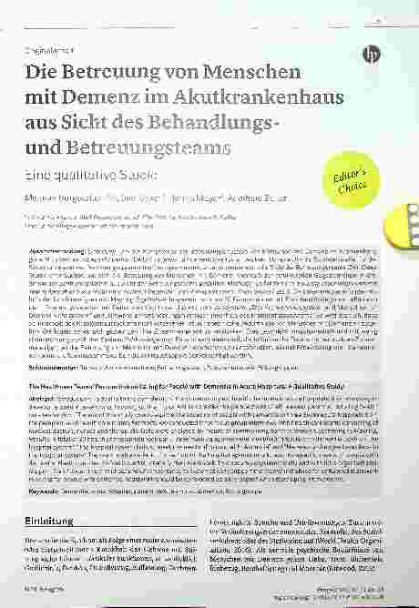 Vorschauseite 1: Die Betreuung von Menschen mit Demenz im Akutkrankenhause aus Sicht des Behandlungsund Betreuungsteams: Eine qualitative Studie