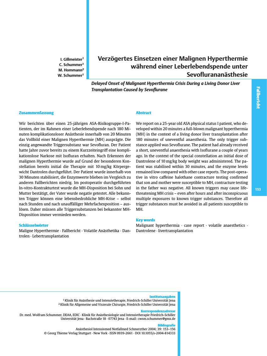 Vorschauseite 1: Verzögertes Einsetzen einer Malignen Hyperthermie während einer Leberlebendspende unter Sevoflurananästhesie