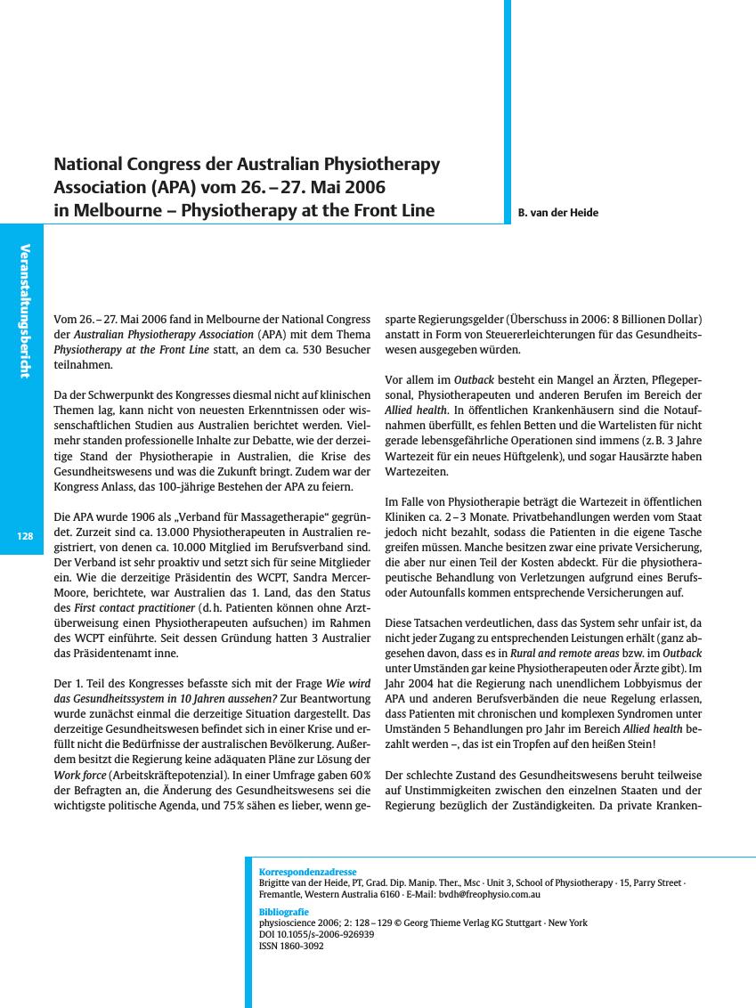 Vorschauseite 1: National Congress der Australian Physiotherapy Association (APA) vom 26. - 27. Mai 2006 in Melbourne - Physiotherapy at the Front Line