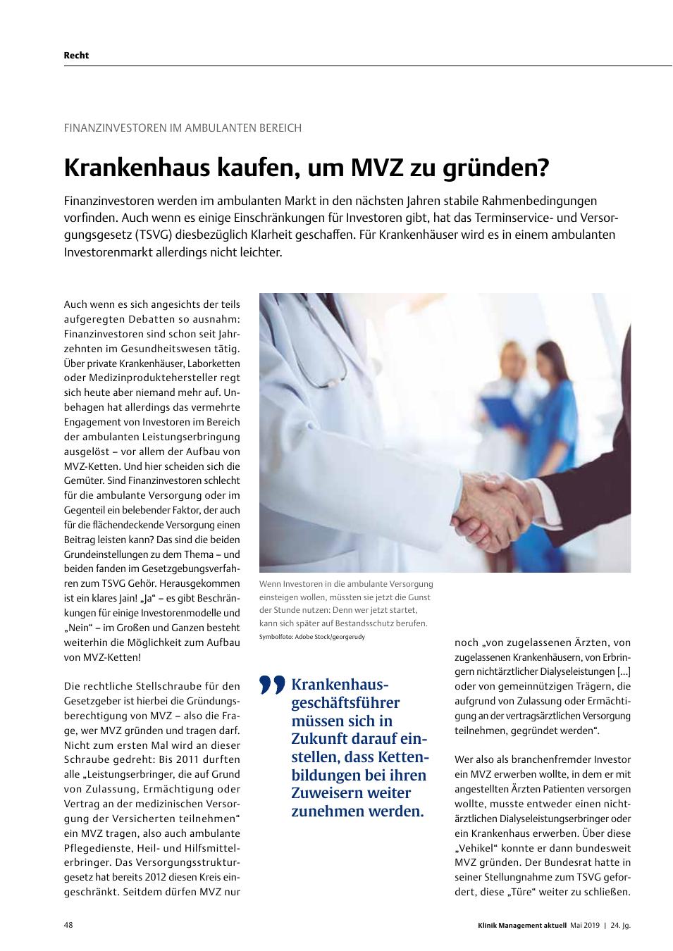 Vorschauseite 1: Finanzinvestoren im Ambulanten Bereich: Krankenhaus kaufen, um MVZ zu gründen?