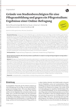 Vorschauseite 1: Gründe von Studienberechtigten für eine Pflegeausbildung und gegen ein Pflegestudium: Ergebnisse einer Online-Befragung