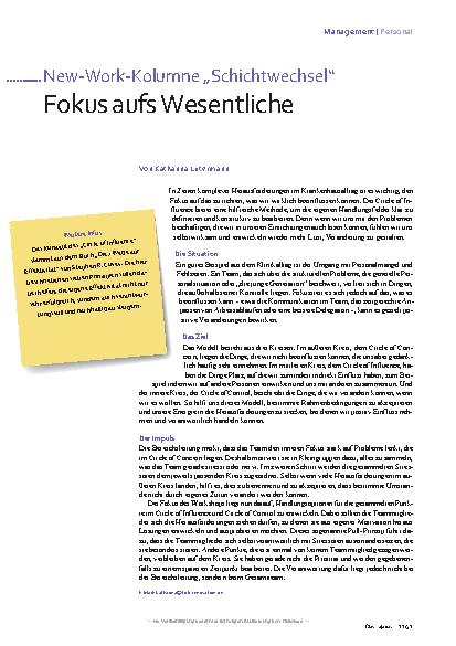 Vorschauseite 1: New-Work-Kolumne „Schichtwechsel“ Fokus aufs Wesentliche