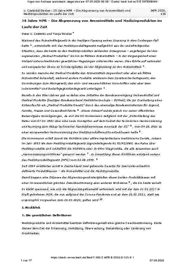 Vorschauseite 1: 20 Jahre MPG – Die Abgrenzung von Arzneimitteln und Medizinprodukten im Laufe der Zeit