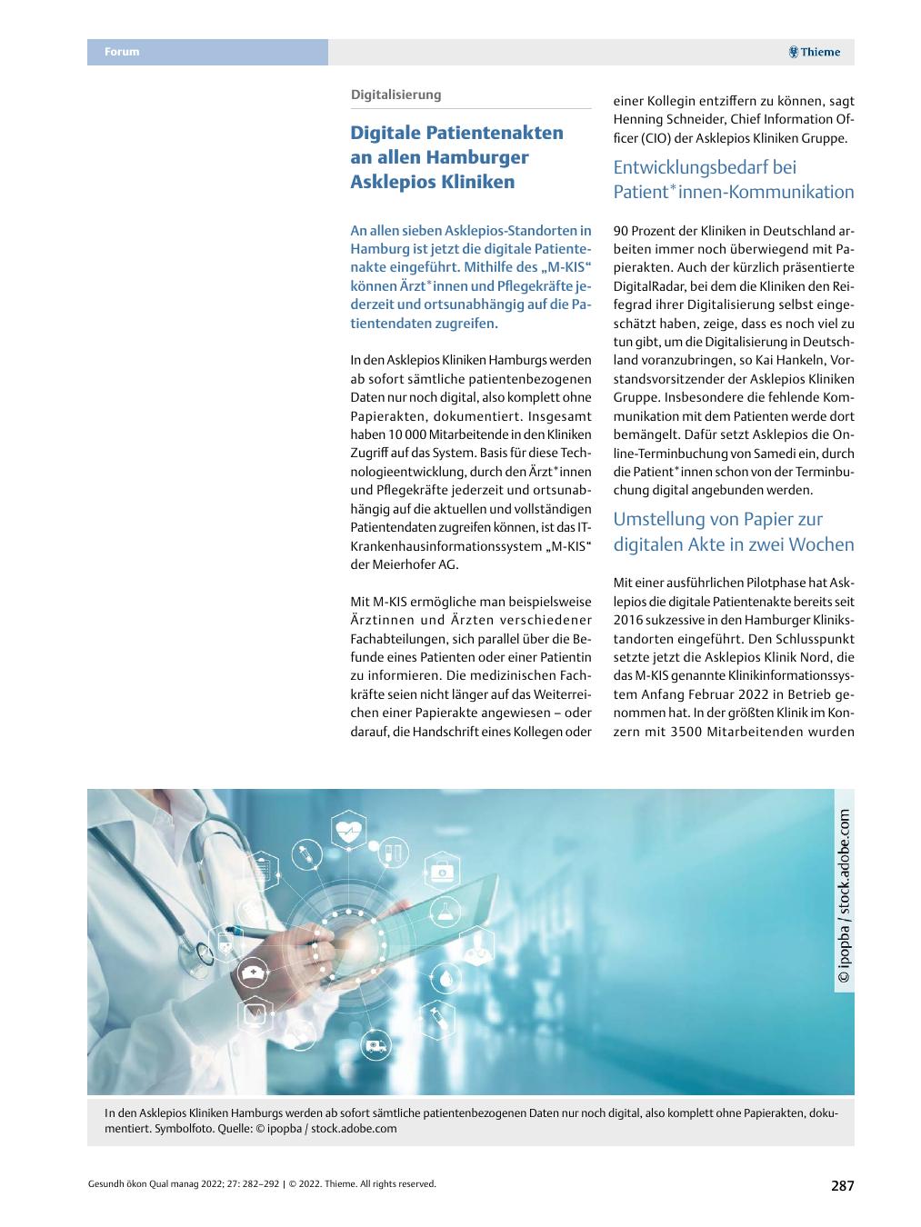 Vorschauseite 1: Digitalisierung - Digitale Patientenakten an allen Hamburger Asklepios Kliniken