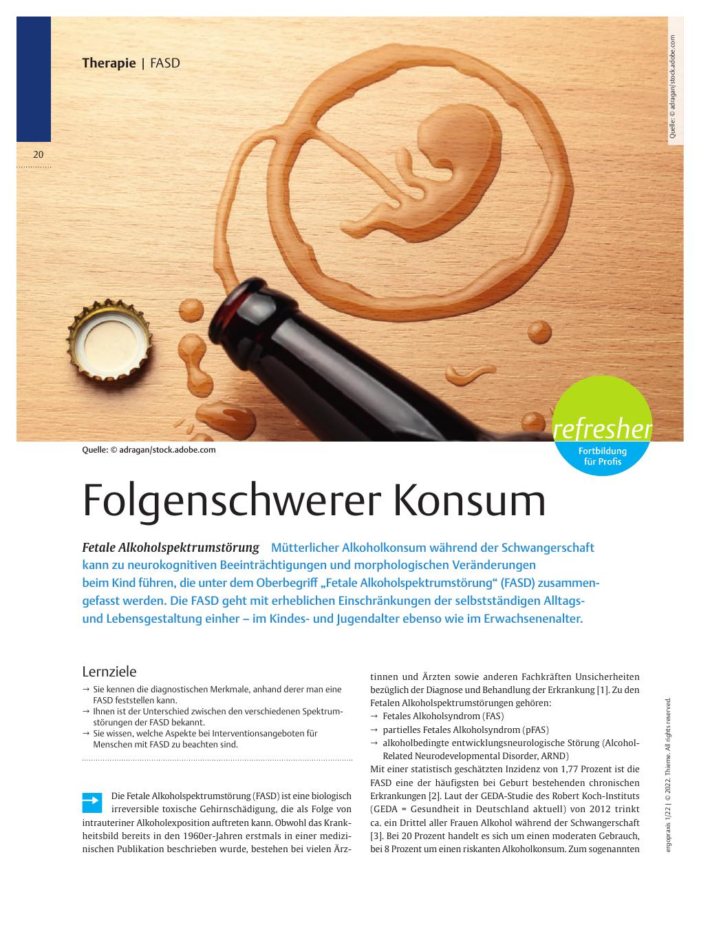 Vorschauseite 1: Folgenschwerer Konsum – Fetale Alkoholspektrumstörung The text is already correctly spelled.