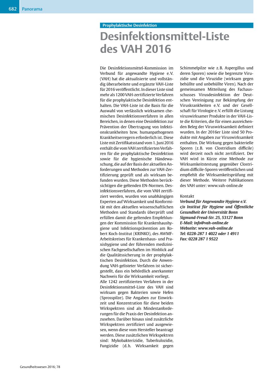 Vorschauseite 1: Desinfektionsmittel-Liste des VAH 2016