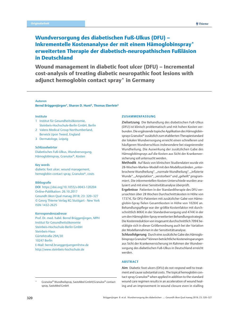 Vorschauseite 1: Wundversorgung des diabetischen Fuß-Ulkus (DFU) – Inkrementelle Kostenanalyse der mit einem Hämoglobinspray erweiterten Therapie der diabetisch-neuropathischen Fußläsion in Deutsc…