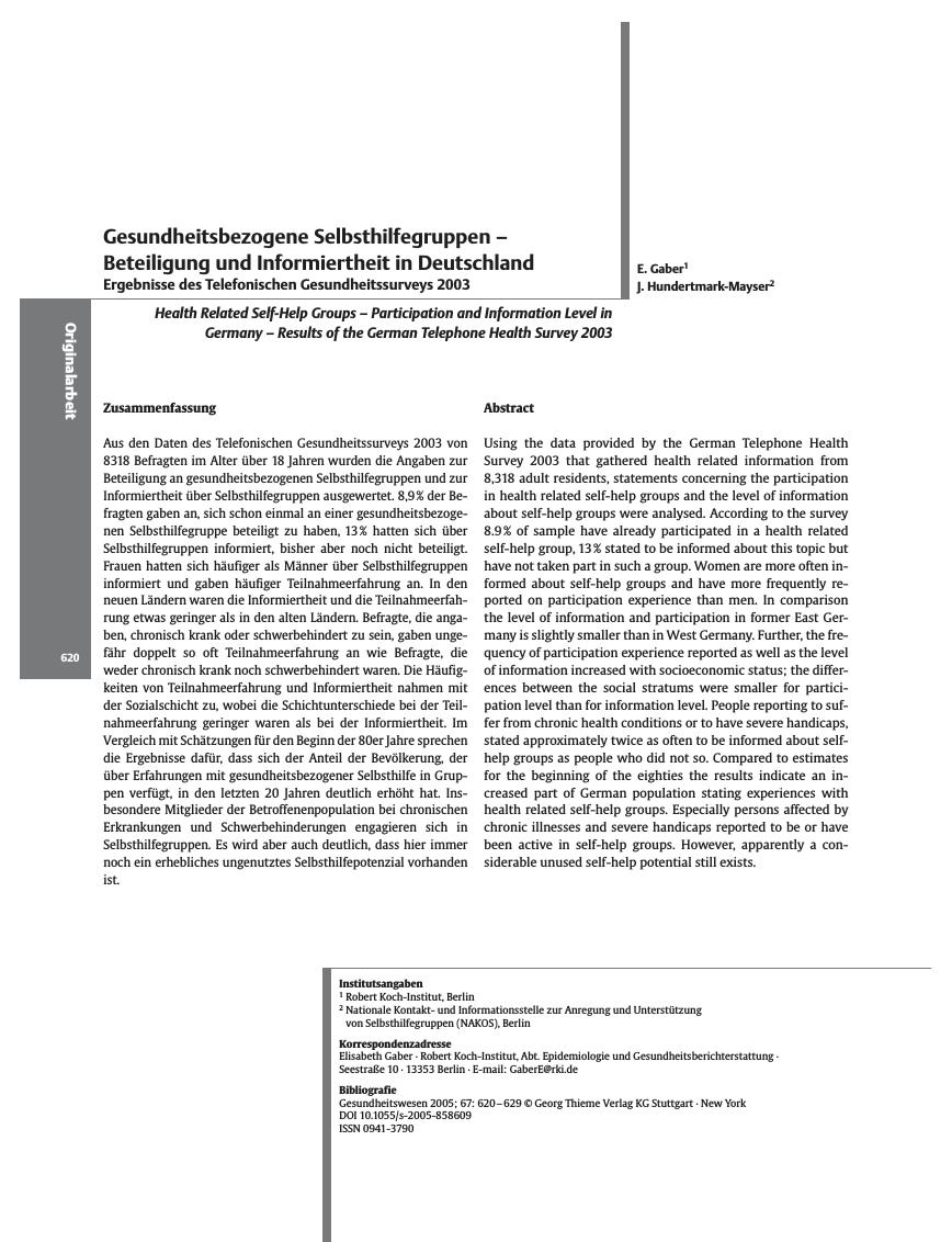 Vorschauseite 1: Gesundheitsbezogene Selbsthilfegruppen – Beteiligung und Informiertheit in Deutschland