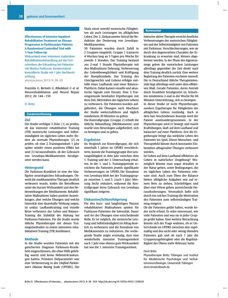 Vorschauseite 1: Effectiveness of Intensive Inpatient Rehabilitation Treatment on Disease Progression in Parkinsonian Patients: A Randomized Controlled Trial with 1-Year Follow-Up
