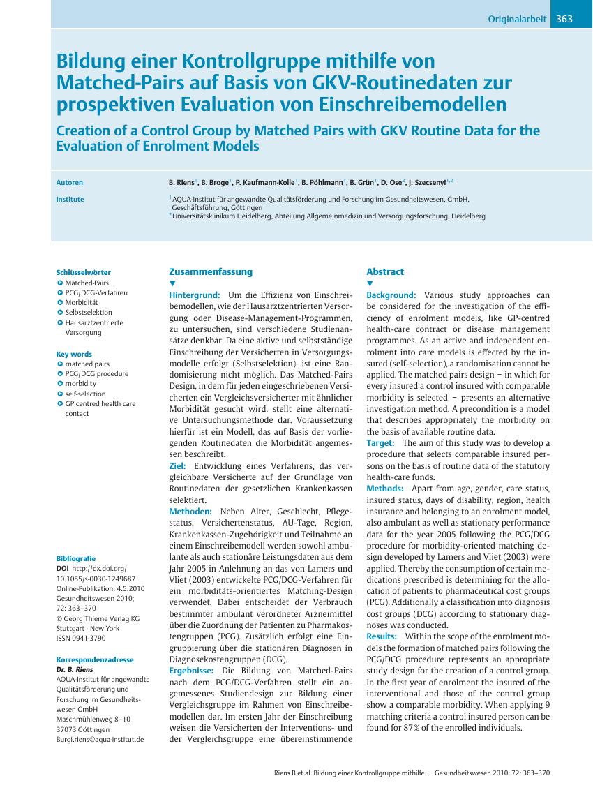 Vorschauseite 1: Bildung einer Kontrollgruppe mithilfe von Matched-Pairs auf Basis von GKV-Routinedaten zur prospektiven Evaluation von Einschreibemodellen